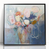 Framed acrylic artwork showcasing vibrant abstract floral design in black, ideal for modern home decor. Adds elegance and color to any room setting.
