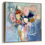 Framed abstract floral canvas art in silver and gold tones, featuring intricate details and a modern design, ideal for enhancing contemporary home decor.