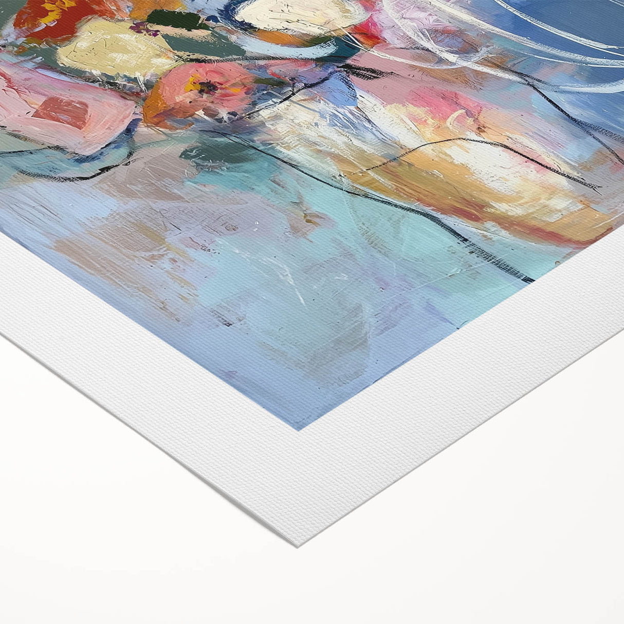 Vibrant abstract floral design on rolled canvas, showcasing bold colors and intricate patterns, ideal for modern home decor. Packaged securely in a cardboard tube for safe shipping.