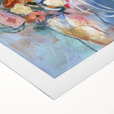 Vibrant abstract floral design on rolled canvas, showcasing bold colors and intricate patterns, ideal for modern home decor. Packaged securely in a cardboard tube for safe shipping.