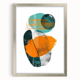 Abstract minimalist wall art design in a sleek silver frame with a white mat, showcasing geometric patterns and soft pastel colors, ideal for modern home decor.