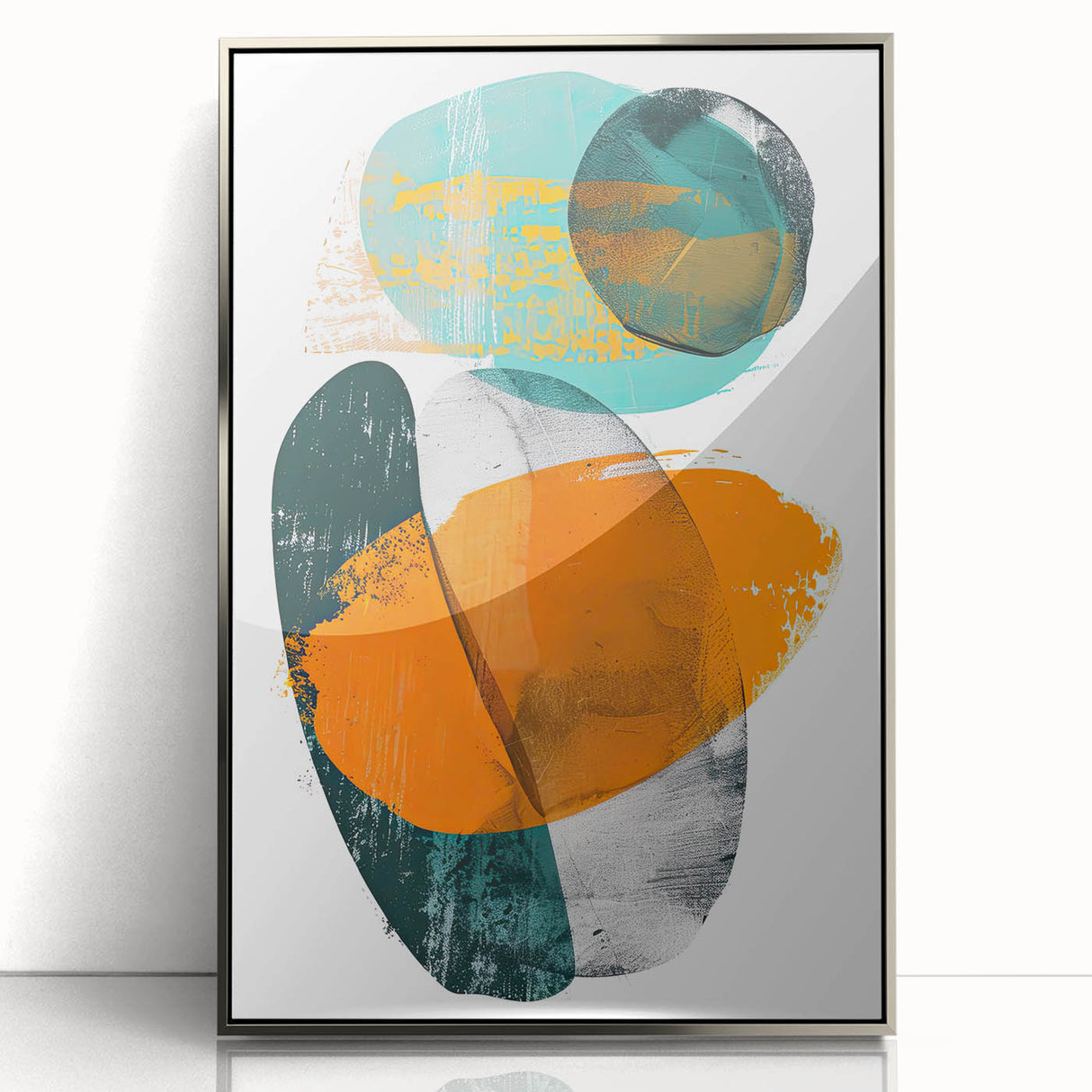 Abstract minimalist wall art featuring a silver-framed acrylic design, showcasing geometric shapes and a sleek aesthetic, perfect for modern decor.