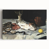 Large black and white canvas featuring an array of abstract dishes, ideal for kitchen wall art.