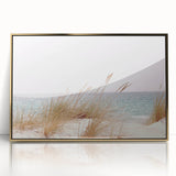 Large art print of a mid-century modernist abstract design in gold and white tones on acrylic.