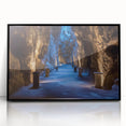 Framed acrylic artwork showcasing a stunning landscape of caves, featuring rich colors and intricate details, set against a sleek black frame for modern decor.