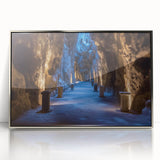 Framed acrylic artwork depicting a serene landscape with intricate cave formations, featuring silver accents and a contemporary design ideal for modern decor.