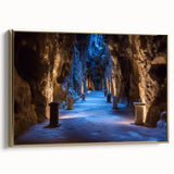 Framed canvas artwork showcasing a stunning landscape scene with caves, featuring a gold side frame, perfect for enhancing modern home decor.