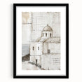 Abstract architectural wall art framed in black, showcasing geometric shapes and lines with a sleek mat. Ideal for modern home decor and artistic interiors.