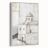 Framed abstract architecture wall art featuring geometric patterns in shades of white and gray, set against a minimalist backdrop, perfect for modern decor.