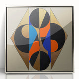 Abstract geometric wall art design in a silver-framed acrylic display, showcasing intricate patterns and vibrant colors, ideal for modern interior decor.