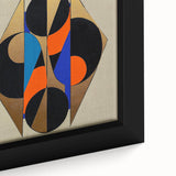 Abstract geometric framed canvas artwork showcasing vibrant colors and intricate patterns, ideal for modern home decor. The close-up highlights the texture and detail of the design, emphasizing its artistic appeal for contemporary settings.