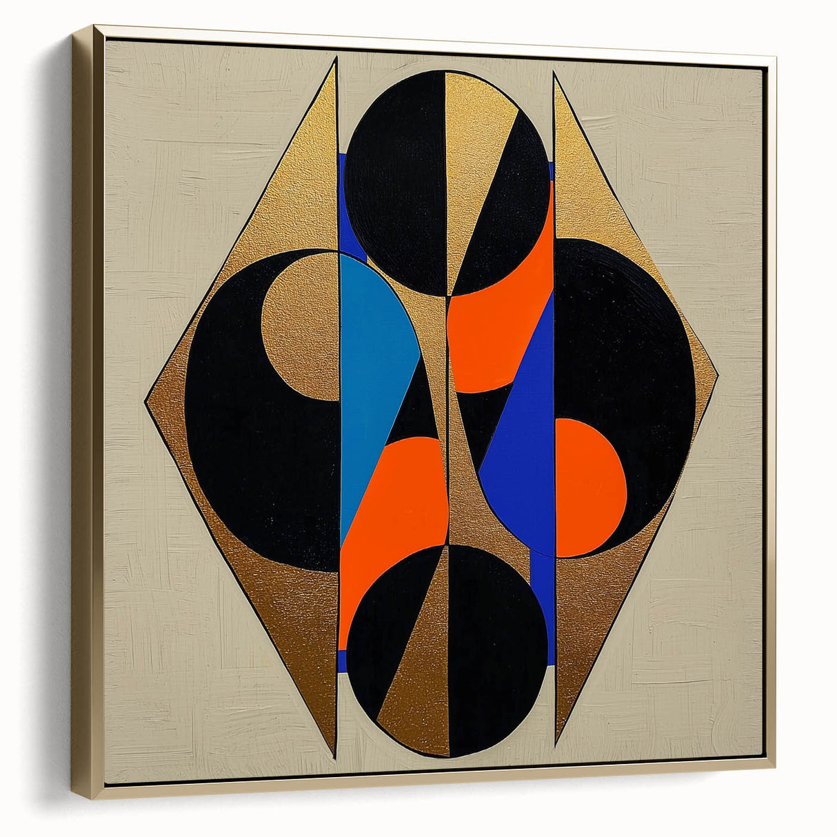 Abstract geometric framed canvas art featuring silver and gold tones, showcasing a modern design perfect for contemporary home decor. Ideal for enhancing living spaces with a touch of elegance and sophistication.
