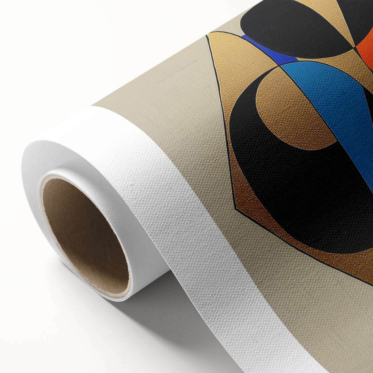Abstract geometric rolled canvas art showcasing vibrant colors and intricate shapes, ideal for modern home decor. Packaged securely in a protective tube for safe delivery.