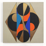 Abstract geometric stretched canvas artwork showcasing vibrant blue and gold hues, ideal for modern home decor, enhancing contemporary interior spaces.