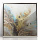 Framed abstract art piece showcasing vibrant blue and gray splatters on a silver background, perfect for modern home decor and artistic interiors.