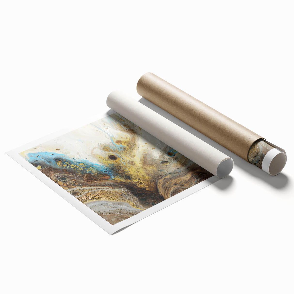 Abstract art print showcasing vibrant splatters in shades of blue, yellow, and red on a textured background, rolled and ready for display or framing. Perfect for modern home decor.