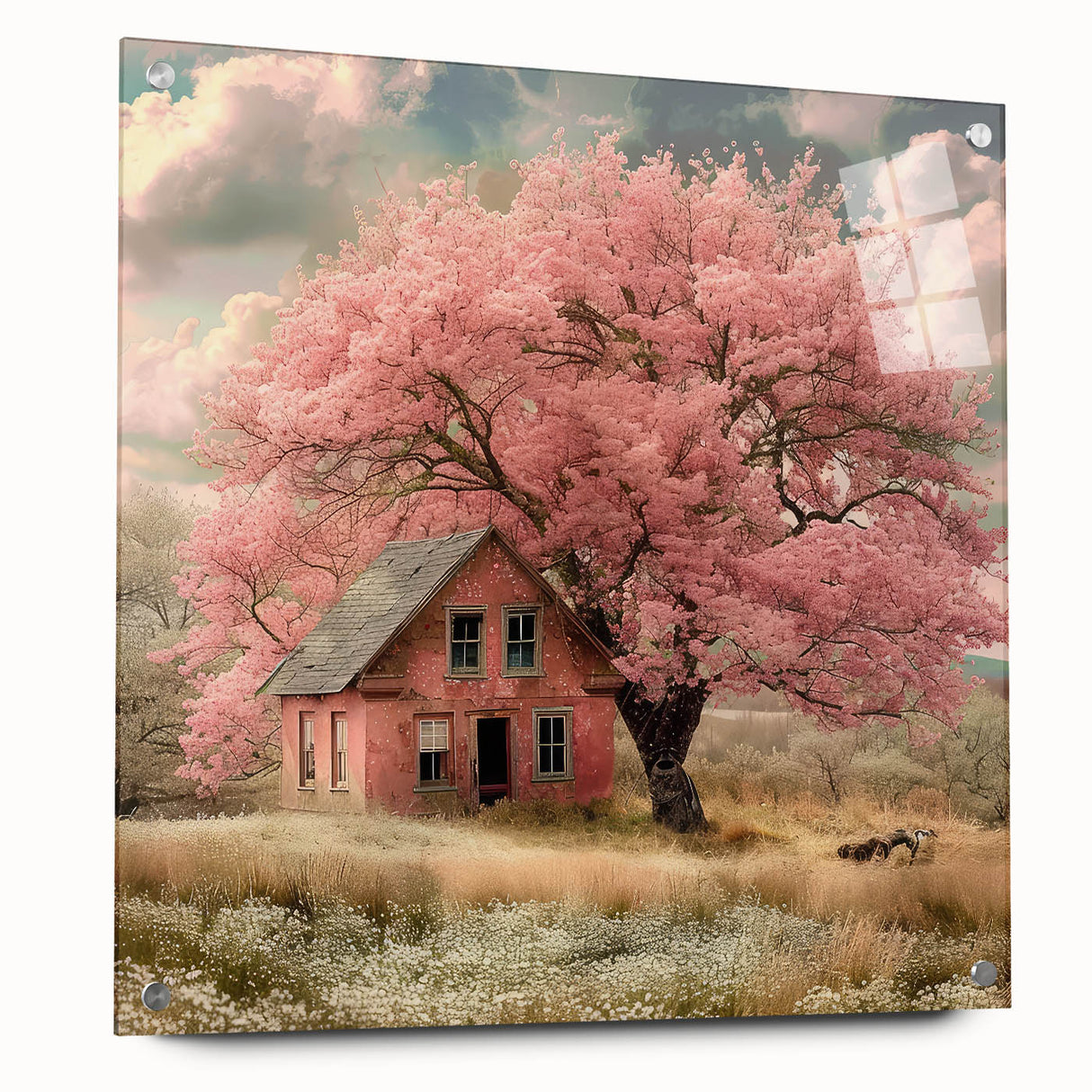 Large abstract wall art on acrylic glass depicting modern architecture and cottages in muted earth tones.