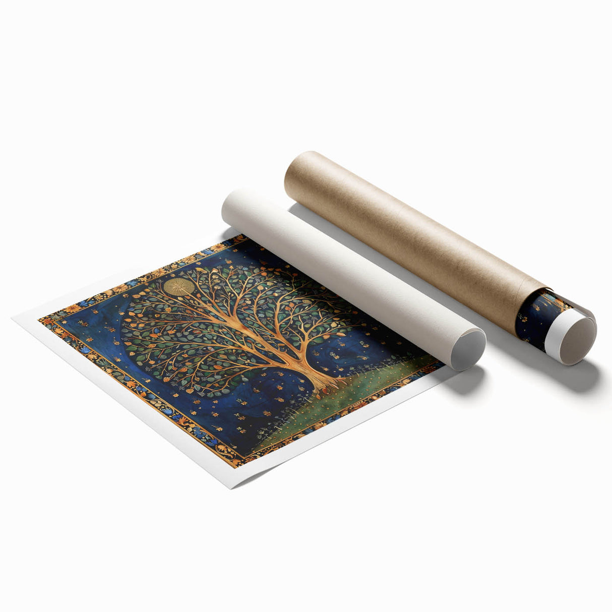 Vibrant rolled wall art print showcasing an intricate design of flowers and leaves, ideal for home decor, featuring a colorful botanical theme in a protective tube.