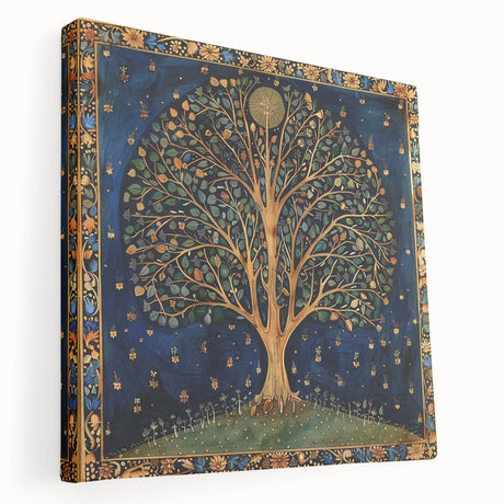 Stretched canvas wall art showcasing a vibrant design of flowers and botanical leaves, featuring rich colors and intricate details, ideal for home decor.
