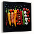 Black and white framed canvas depicting a vintage poster-style fruit arrangement, ideal for bedroom wall art.