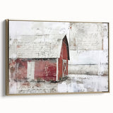 Framed canvas wall art showcasing a serene landscape with a barn, featuring golden accents and a modern design. Perfect for rustic home decor or farmhouse styling.