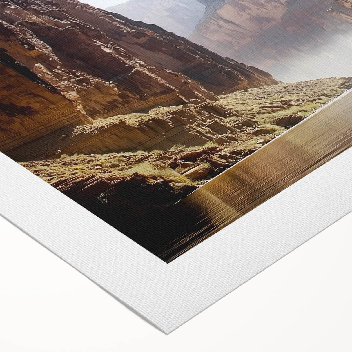 Vibrant landscape canvas print showcasing majestic canyons under a bright blue sky, featuring rich earth tones and textured detail, perfect for home decor.