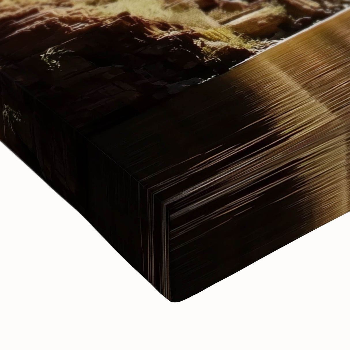 Close-up of a vibrant stretched canvas artwork depicting a stunning landscape of canyons, showcasing rich colors and intricate details, perfect for home decor.