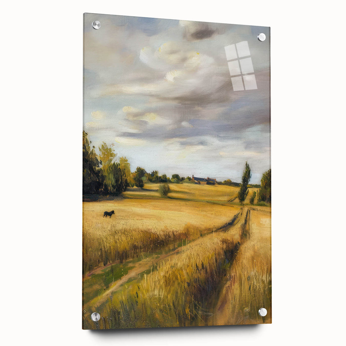 Acrylic glass landscape artwork displayed from the side, showcasing vibrant colors and intricate details, held in place with decorative pins for an elegant presentation.