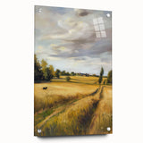 Acrylic glass landscape artwork displayed from the side, showcasing vibrant colors and intricate details, held in place with decorative pins for an elegant presentation.