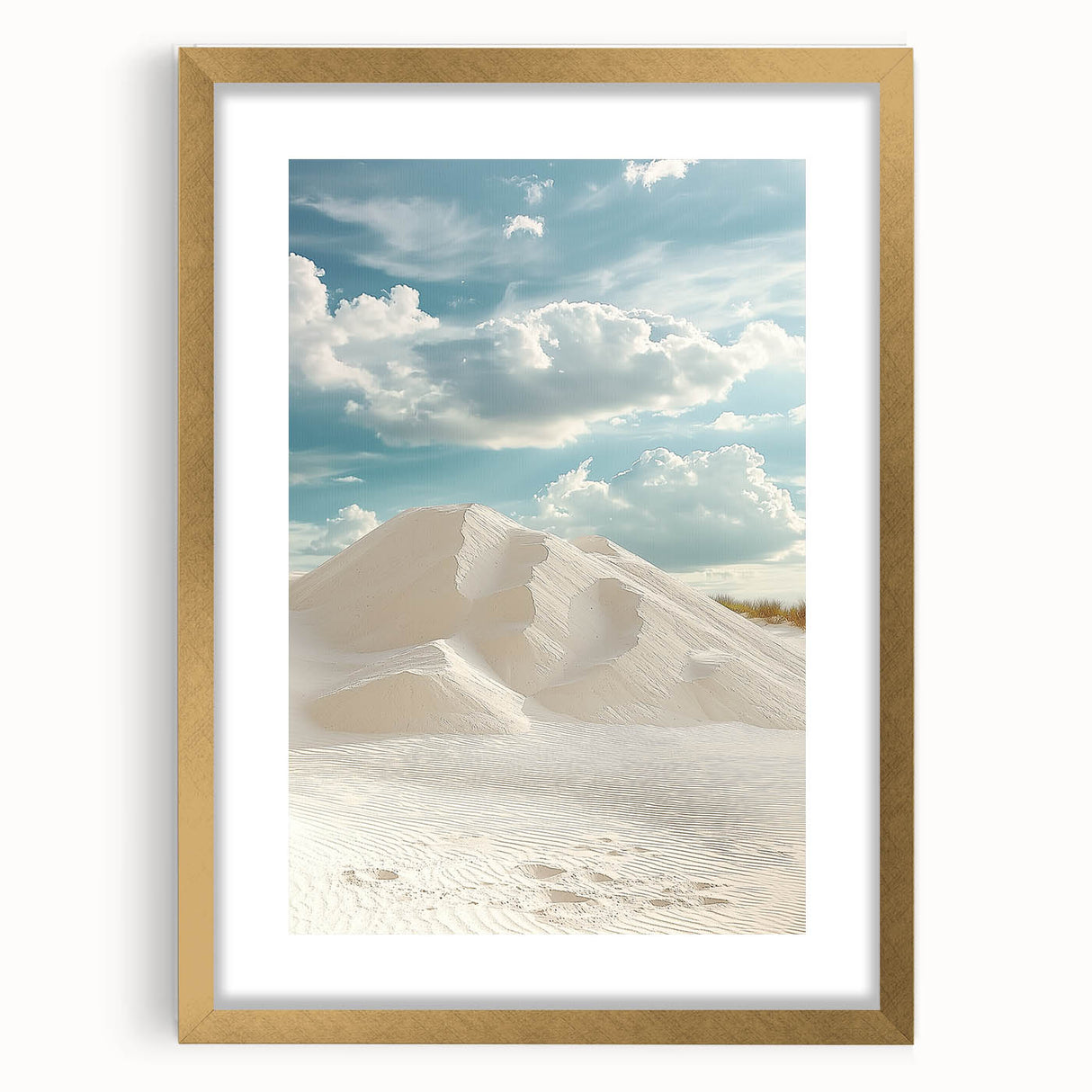 Elegant gold-framed landscape artwork showcasing serene sand dunes under a clear blue sky, perfect for enhancing home decor with natural beauty.
