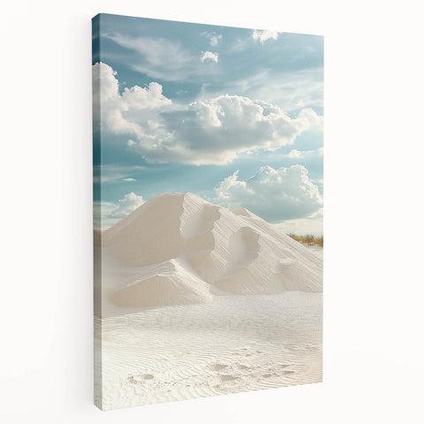 Stretched canvas artwork depicting serene sand dunes landscape in warm tones, showcasing intricate textures and peaceful ambiance, ideal for home decor.