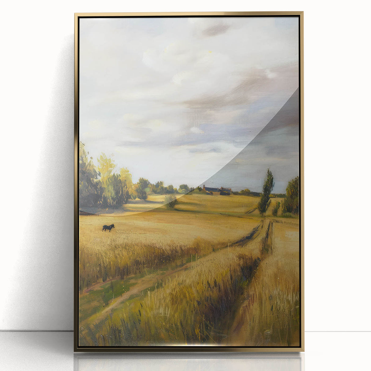 Framed acrylic artwork showcasing a scenic landscape design with a gold frame, ideal for home decor. Perfect for adding a touch of elegance to any room.