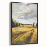 Framed canvas artwork showcasing a serene landscape scene with vibrant colors, presented in a sleek black frame, ideal for home decor enhancement.