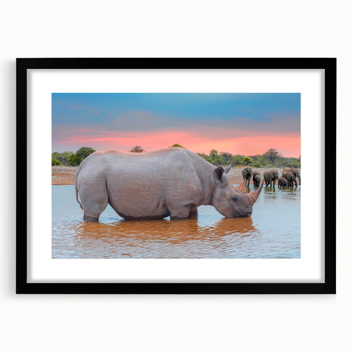 Extra large abstract art print of a colorful, textured African landscape on a black framed canvas.