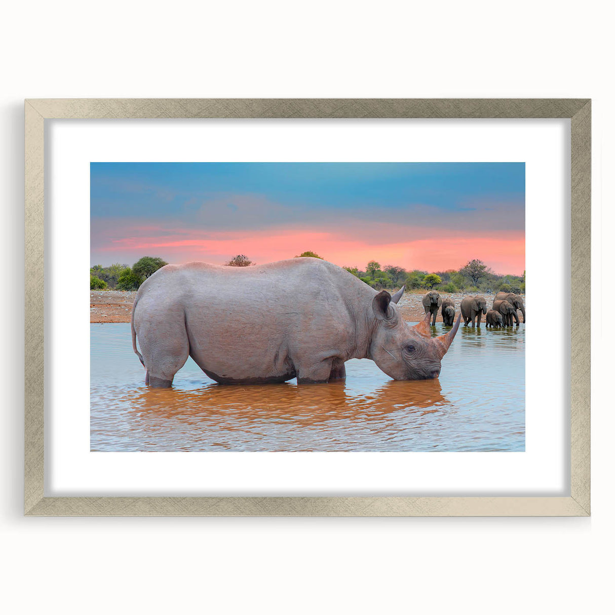 Abstract art print of a Namibian landscape in muted earth tones on a framed silver mat, ideal for dining room decor.