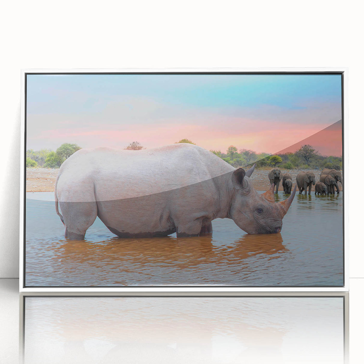 Large art print of a Namibian landscape on framed acrylic, featuring earth tones and mid-century modernist style.