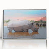 Large art print of a Namibian landscape on framed acrylic, featuring earth tones and mid-century modernist style.