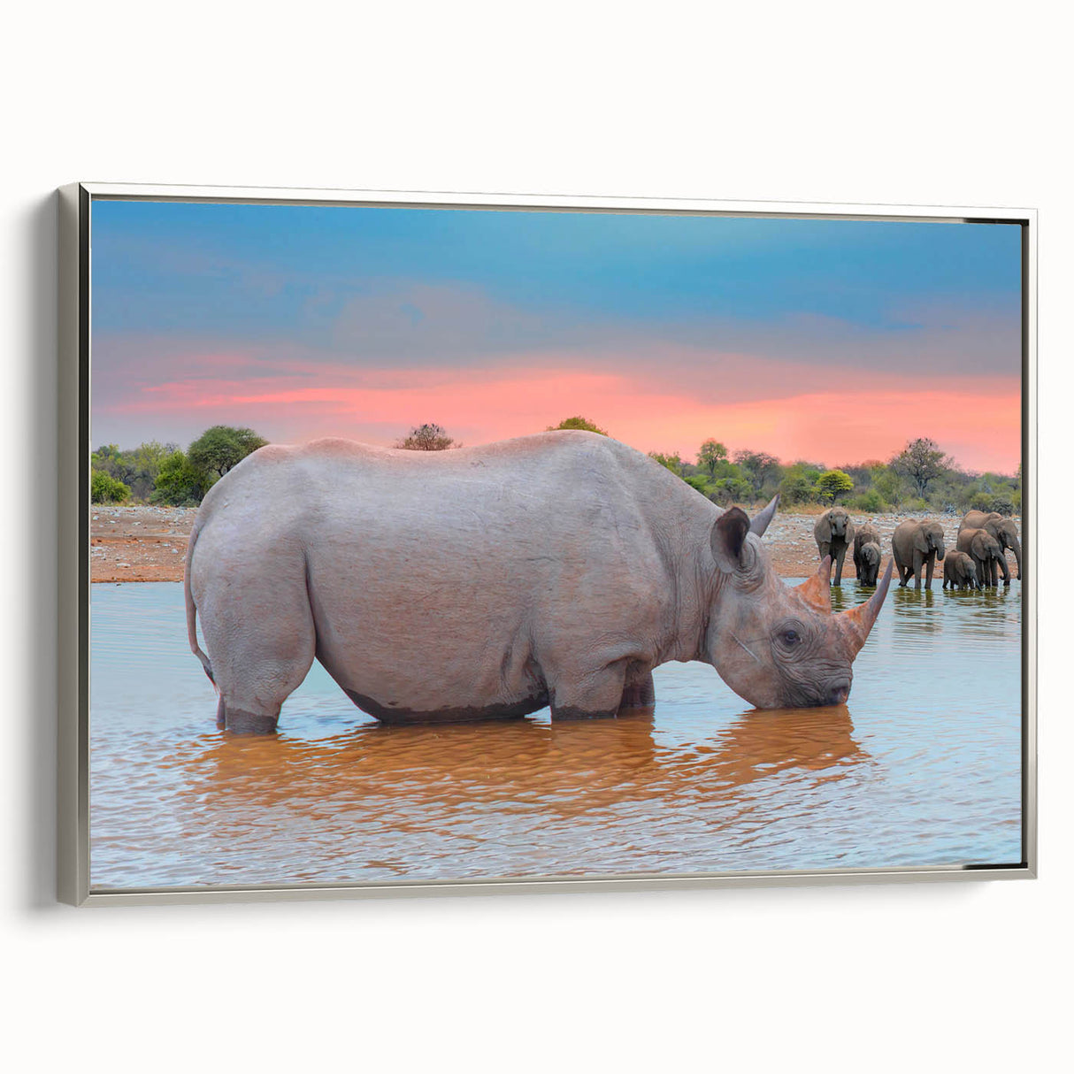 Vintage poster art of Namibia scenery in vibrant colors on a large framed canvas, ideal for living room decor.