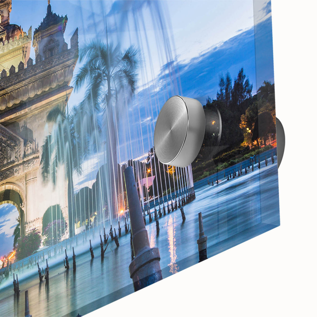 Large abstract wall art depicting a Laos scenery in vibrant green and blue hues on acrylic glass.