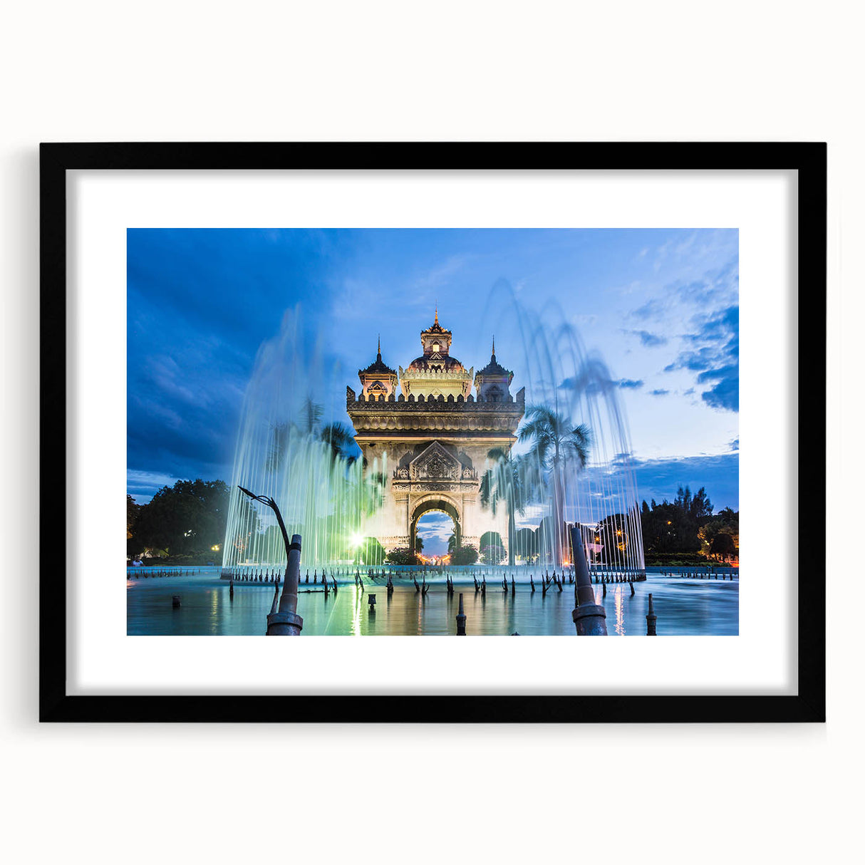 Extra large abstract art print featuring a textured, colorful depiction of a Laos scenery, framed in black.