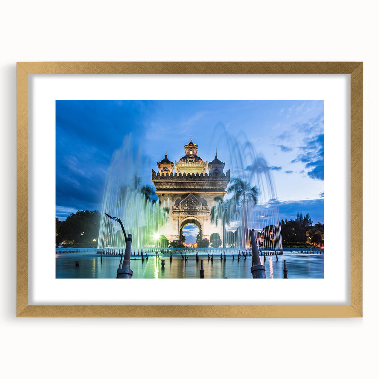 Extra large abstract art print of a textured Laos scenery in muted earth tones, framed with a gold mat.