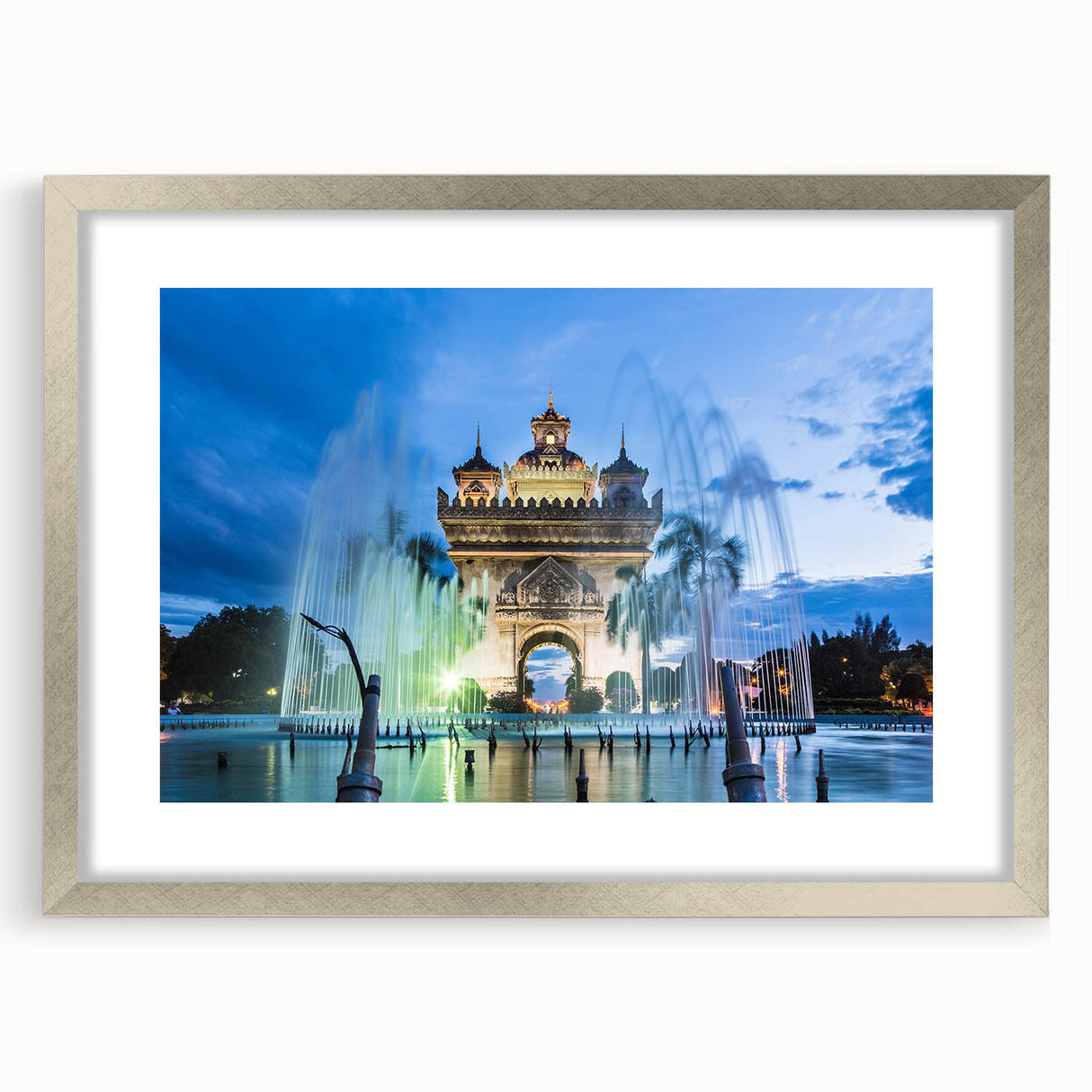Textured abstract art print depicting a serene Laos landscape in muted earth tones, framed in silver.