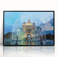 Large abstract wall art depicting a serene Laos landscape in muted green and blue tones, framed in black acrylic.