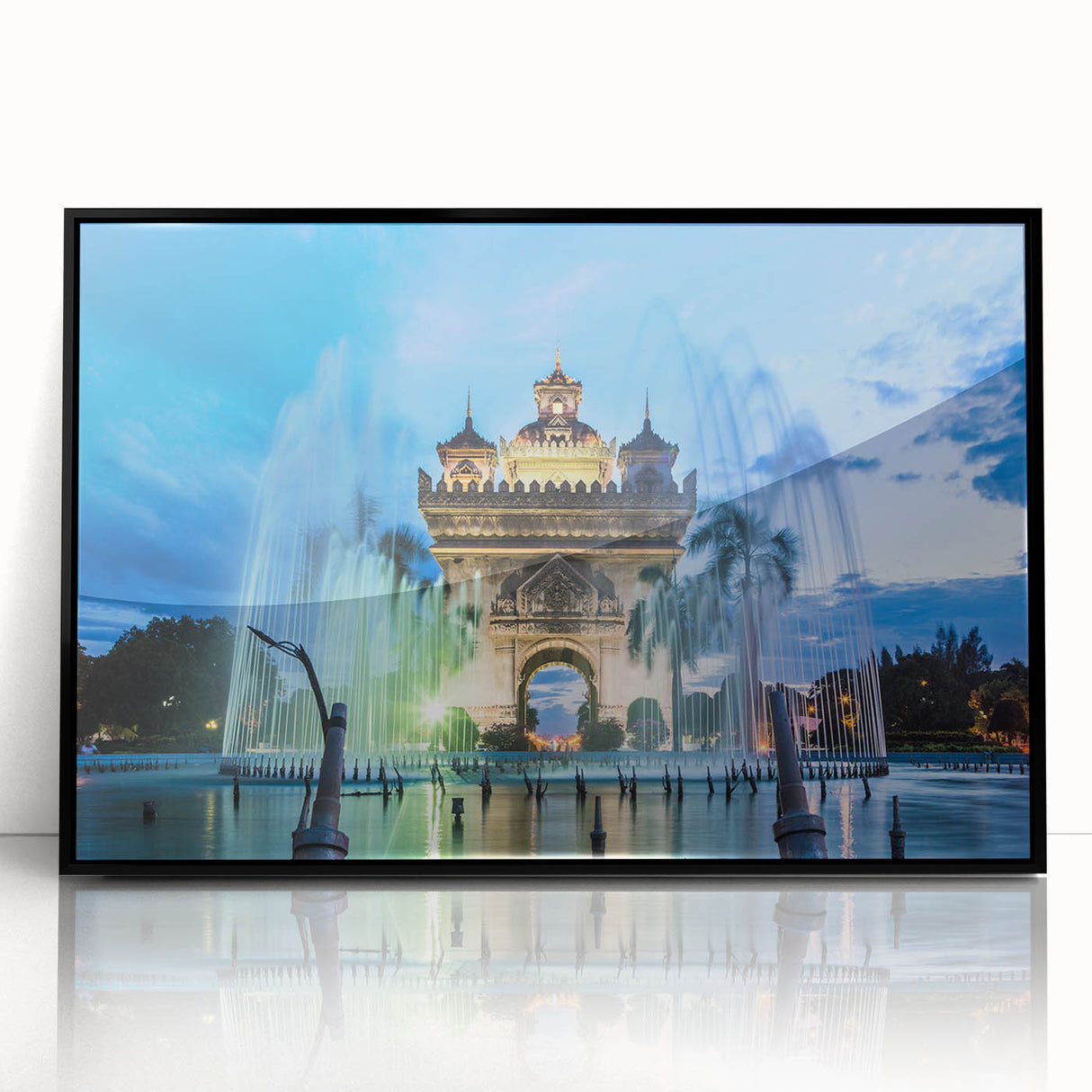 Large abstract wall art depicting a serene Laos landscape in muted green and blue tones, framed in black acrylic.