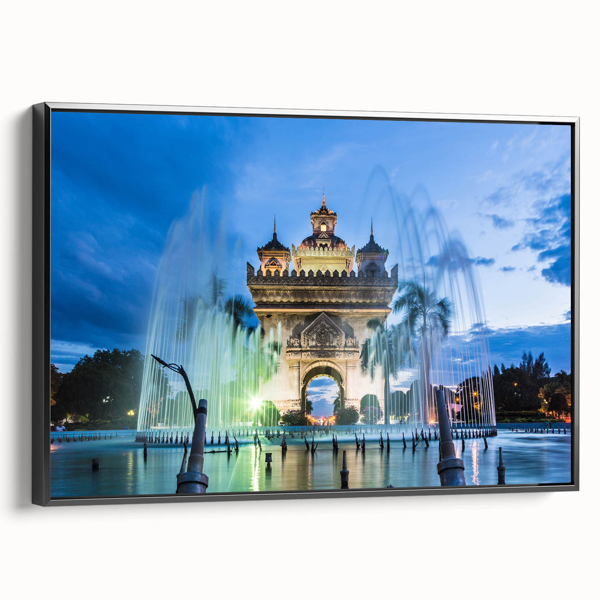 Black and white framed canvas featuring a vintage-style Laos landscape, ideal for bedroom wall decor.