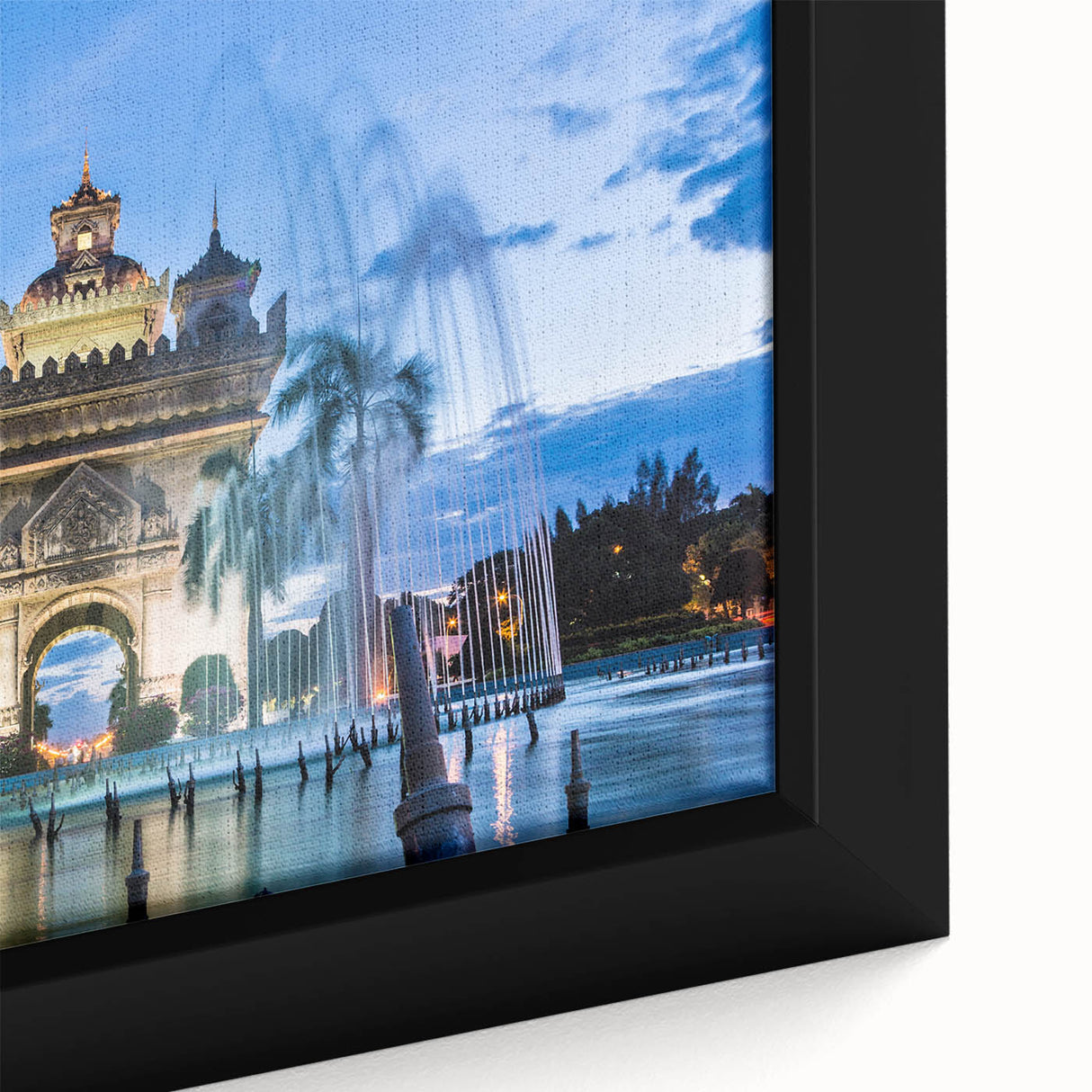 Extra large framed canvas featuring a textured, colorful Laos scenery in black, ideal for living room decor.
