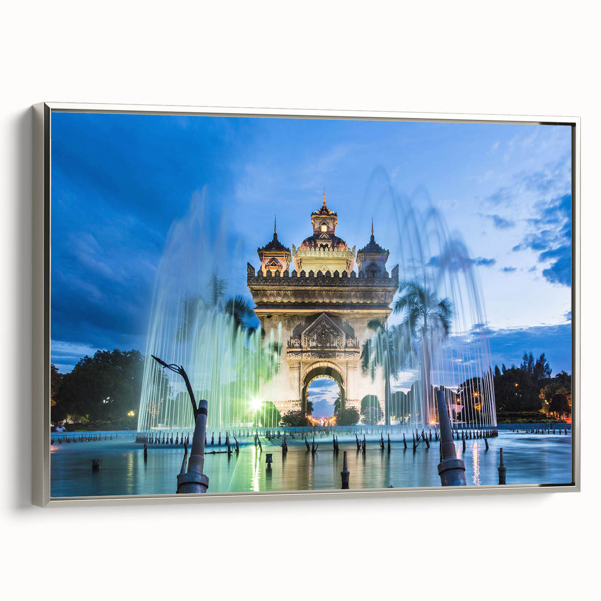 Landscape art painting of a Laotian scenery on a framed canvas, featuring vibrant colors with a vintage poster style.