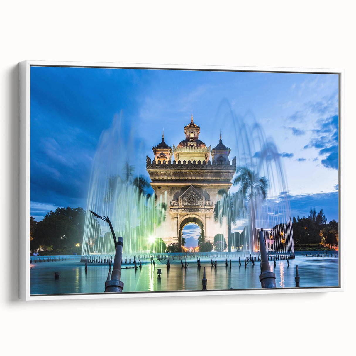 Extra large framed canvas featuring a vintage poster art of a Laos scenery in colorful hues, ideal for living room decor.