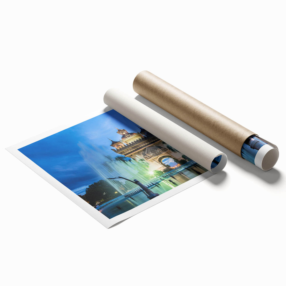Extra large rolled print of a Laos scenery with vibrant floral elements, ideal for classy bathroom wall art.