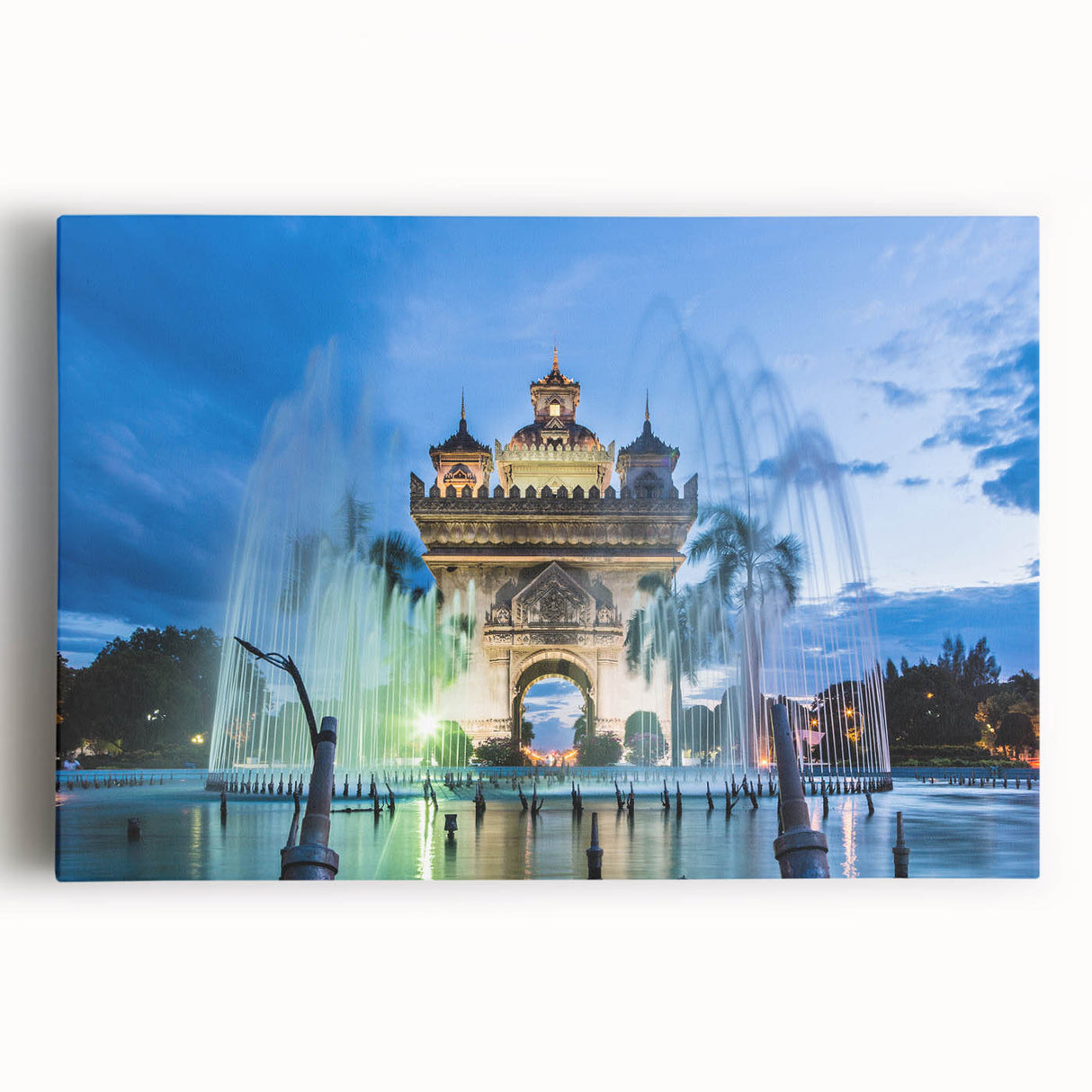 Black and white photograph of a serene Laos landscape on large stretched canvas, ideal for kitchen wall art.
